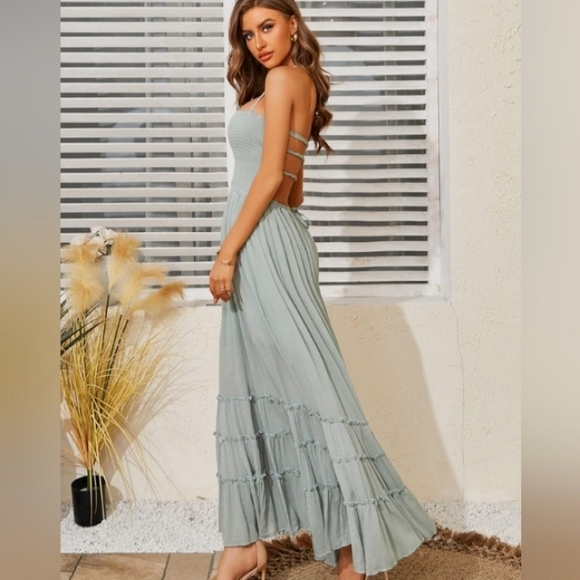Light Mint Green Maxi Halter Dress Tiered Full Flowy Bohemian Beach Vacation New - Picture 9 of 16
